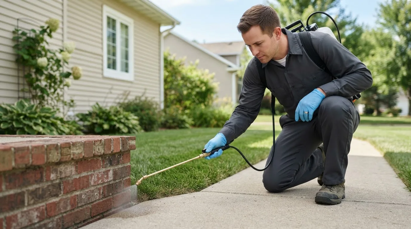 Pest control technician treating a home near Ledyard, CT