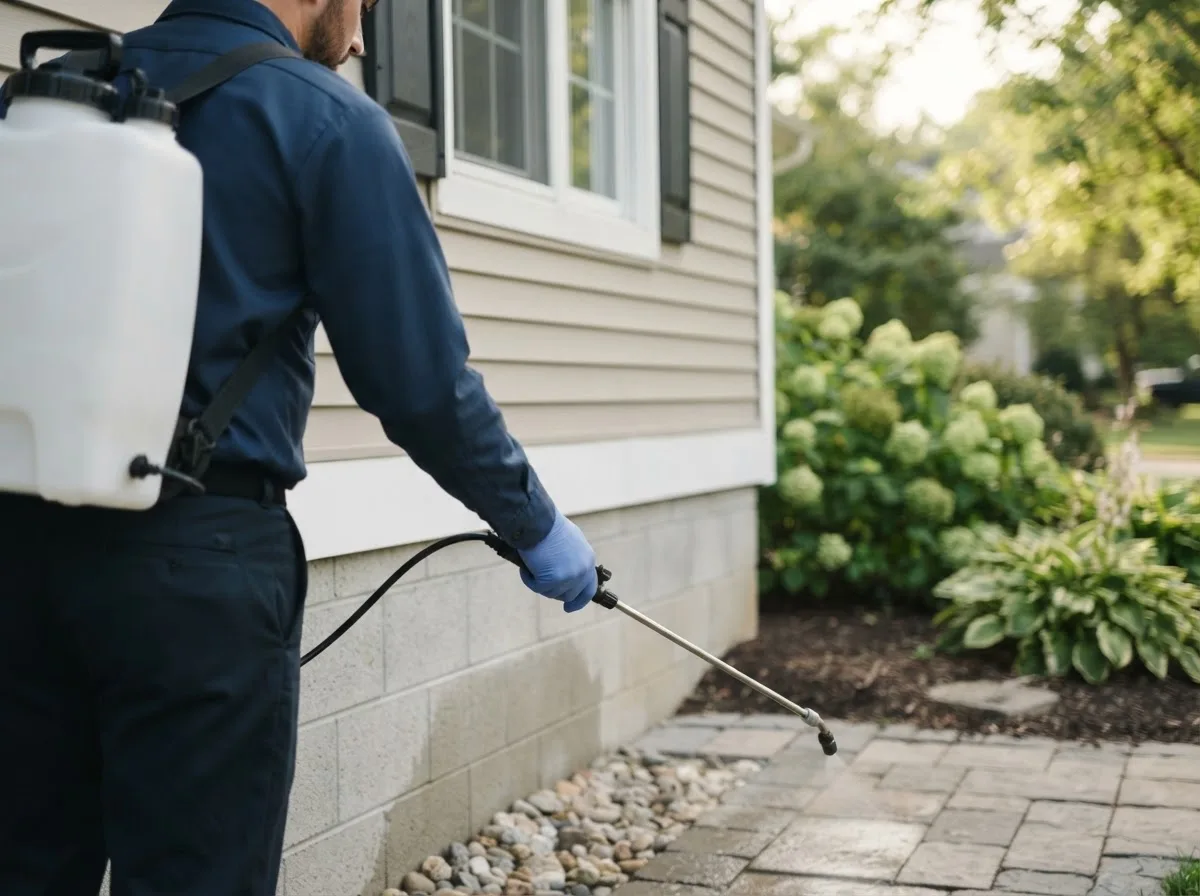 Pest control technician inspecting a home in Ledyard, CT